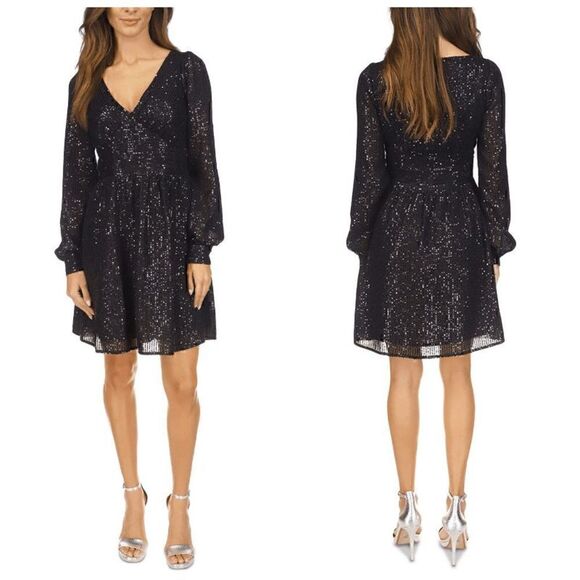 🖤✨ MICHAEL KORS Black Sequin Stripe Long Sleeve V-Neck Dress SIZE M $195 NWT - Picture 5 of 17